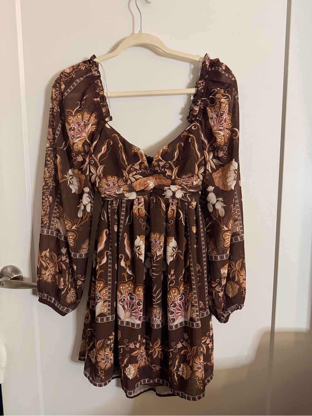Row A XS Brown Floral Tie-Front Long Sleeve Mini Dress